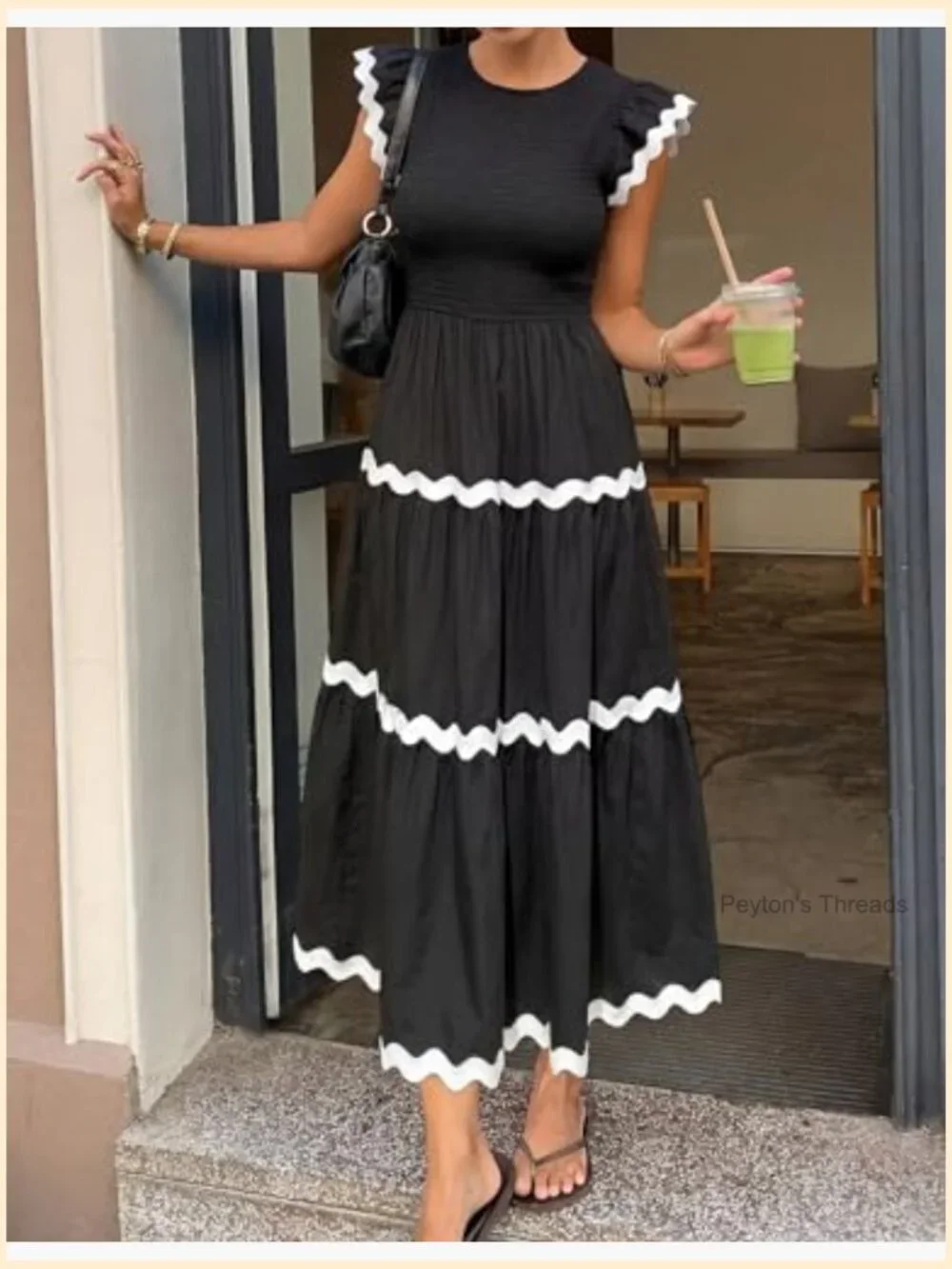 Smocked Midi Dress with Flutter Sleeves Tiered Flowy Boho Casual